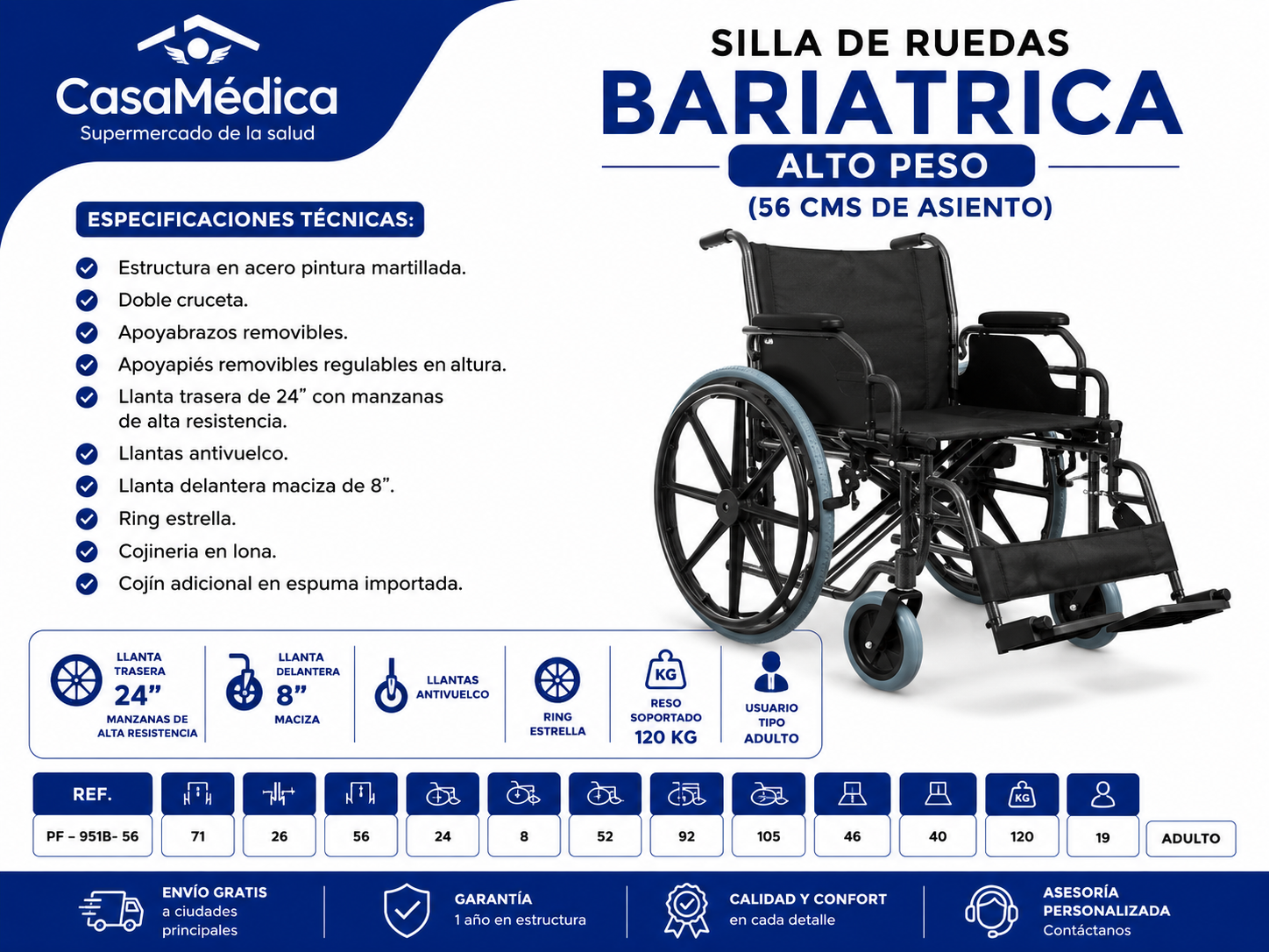 Silla de Ruedas Bariátrica Alto Peso 56 cm PF-951B-56