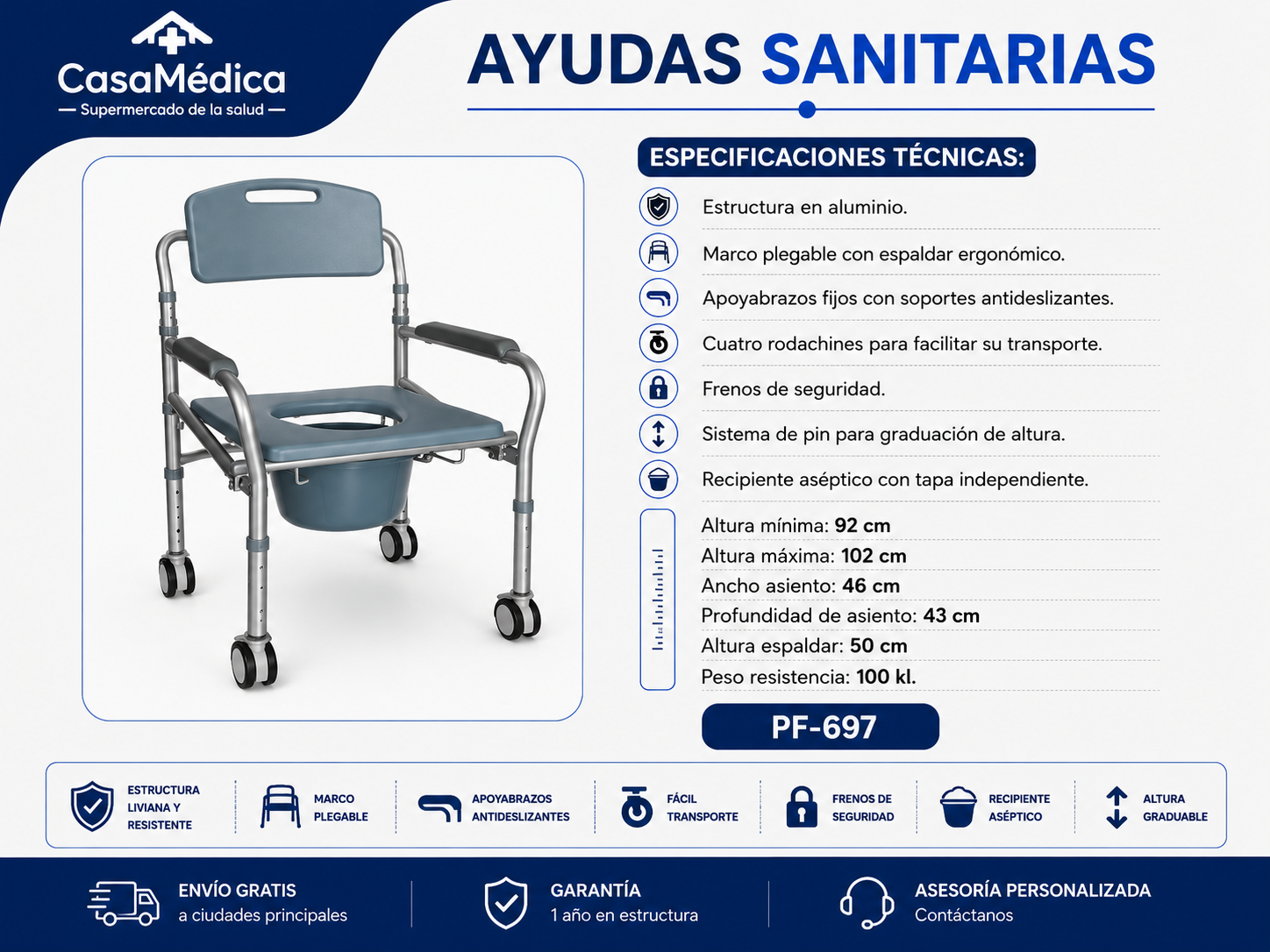 Silla Sanitaria Plegable Aluminio PF-697