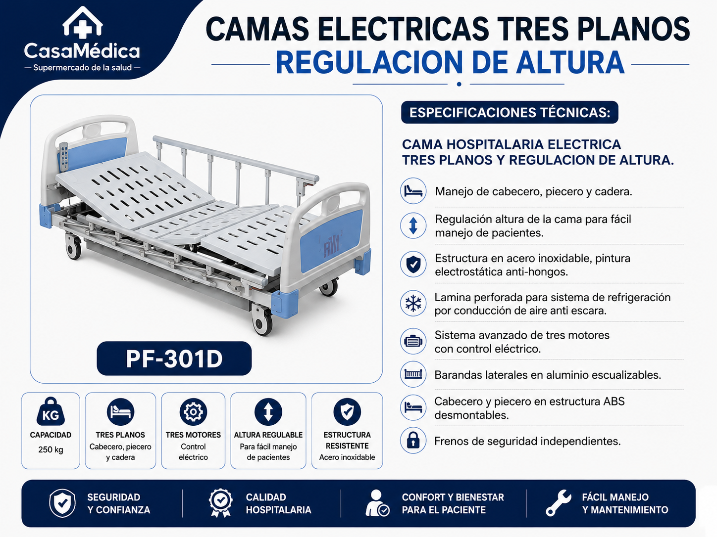 Cama Hospitalaria Eléctrica 3 Planos PF-301D