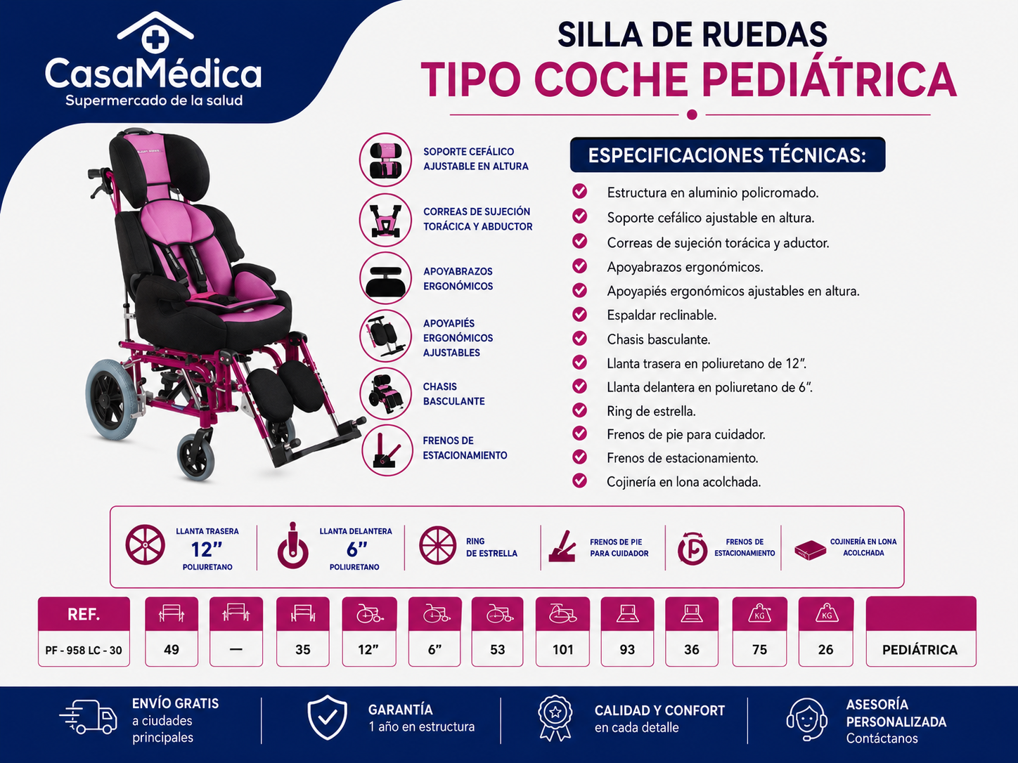 Silla de Ruedas Tipo Coche Pediátrica PF-958LC-30
