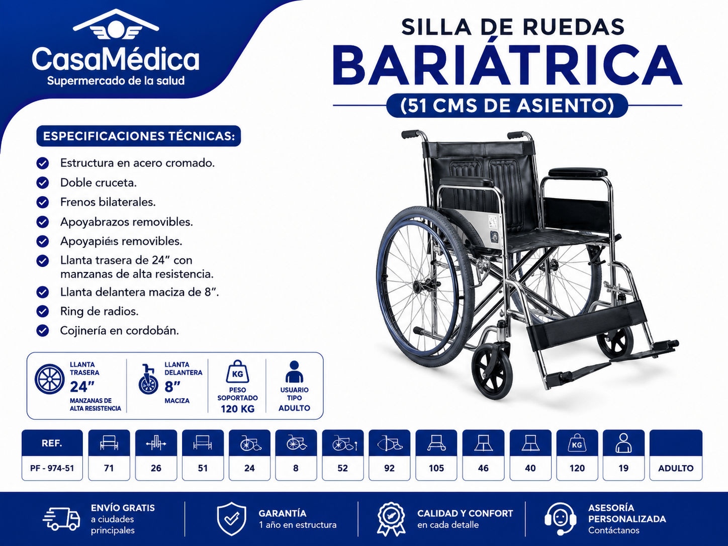 Silla de Ruedas Bariátrica 51 cm PF-974-51