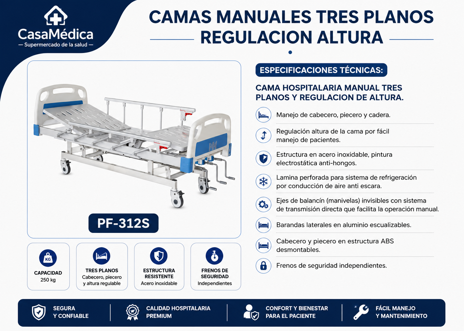 Cama Hospitalaria Manual 3 Planos PF-312S