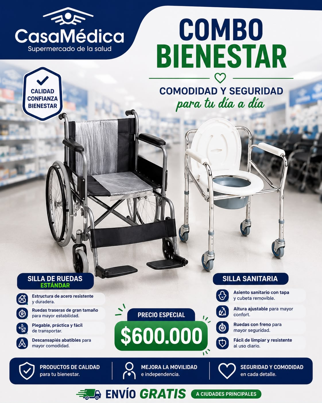 Combo Bienestar: Silla de Ruedas + Silla Sanitaria
