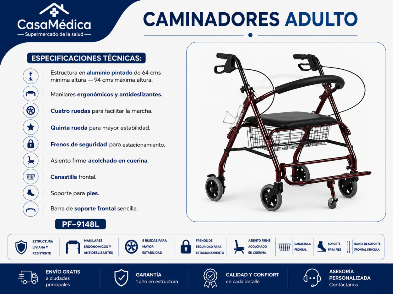 Caminador Adulto 5 Ruedas con Canastilla PF-9148L