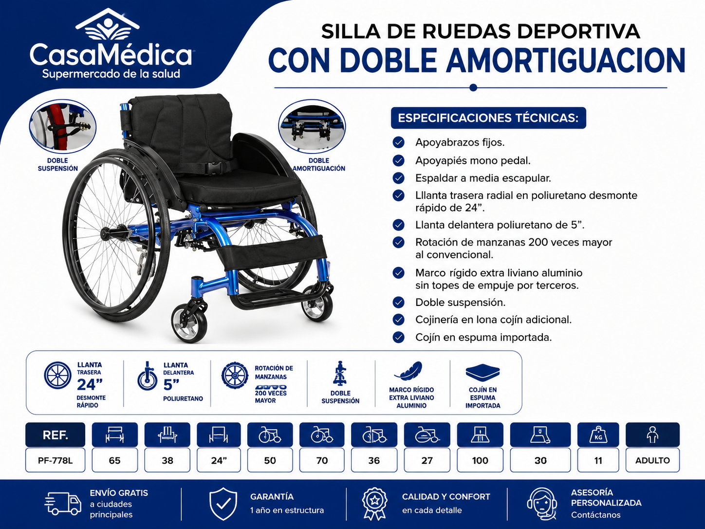 Silla de Ruedas Deportiva Doble Amortiguación PF-778L