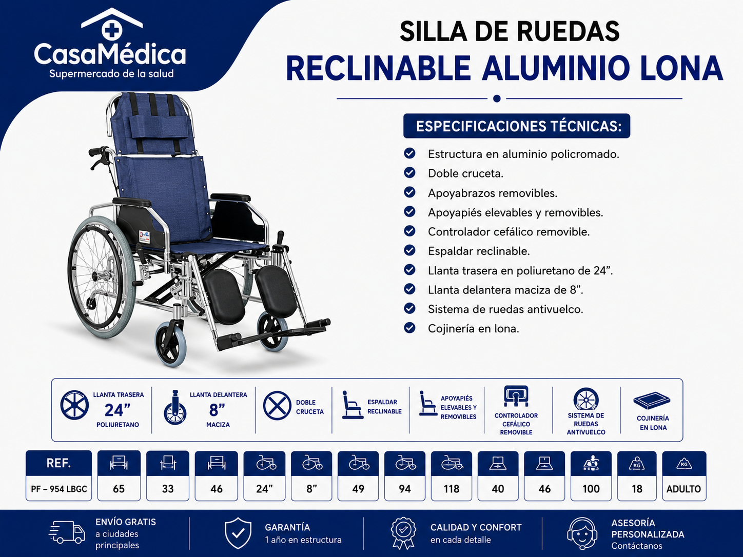 Silla de Ruedas Reclinable Aluminio Lona PF-954LBGC